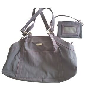 Baggallini Women's Gray Nylon Shoulder Bag Pink Stitching Matching Wristlet